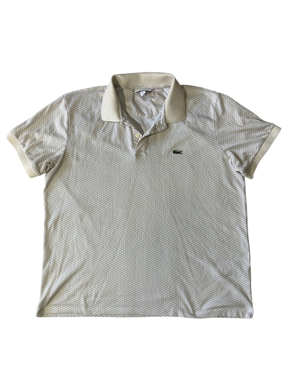 Lacoste mens 5 L Large tan white geo pattern knit polo shirt EUC